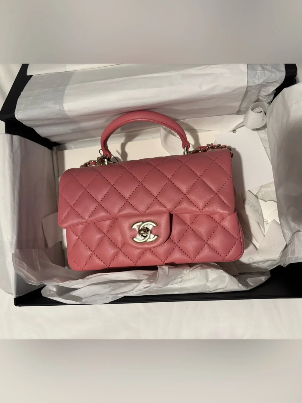 CHANEL Pink Quilted Leather Top-Handle Satchel with Chain